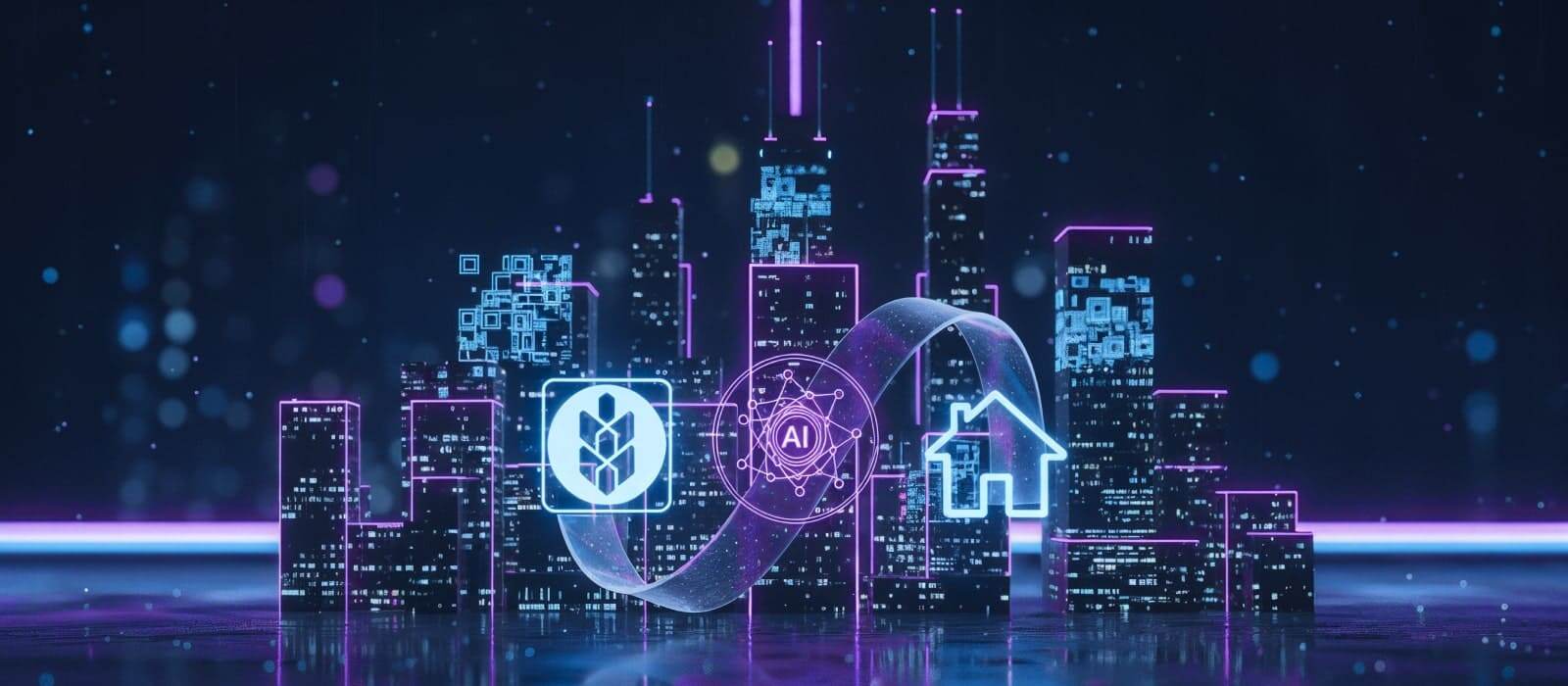 A city skyline surrounded by various digital icons representing technology and connectivity.