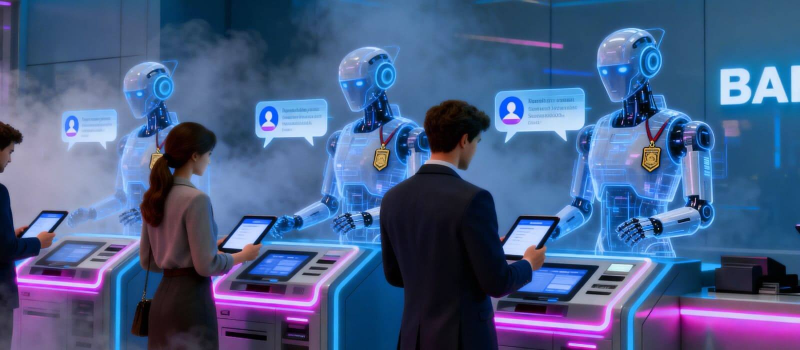 A group of people stands in front of a bank machine, accompanied by two robots interacting with them.
