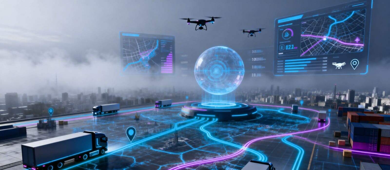 Conceptual image depicting advanced transportation and logistics technologies shaping the future of mobility and delivery systems.