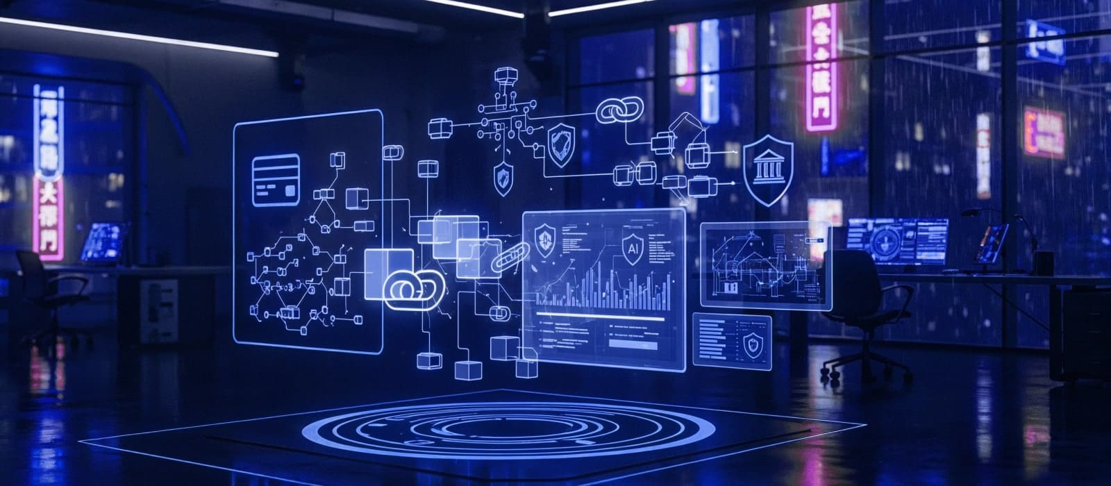 A modern office space with a bright, glowing screen and a computer, showcasing a futuristic design.