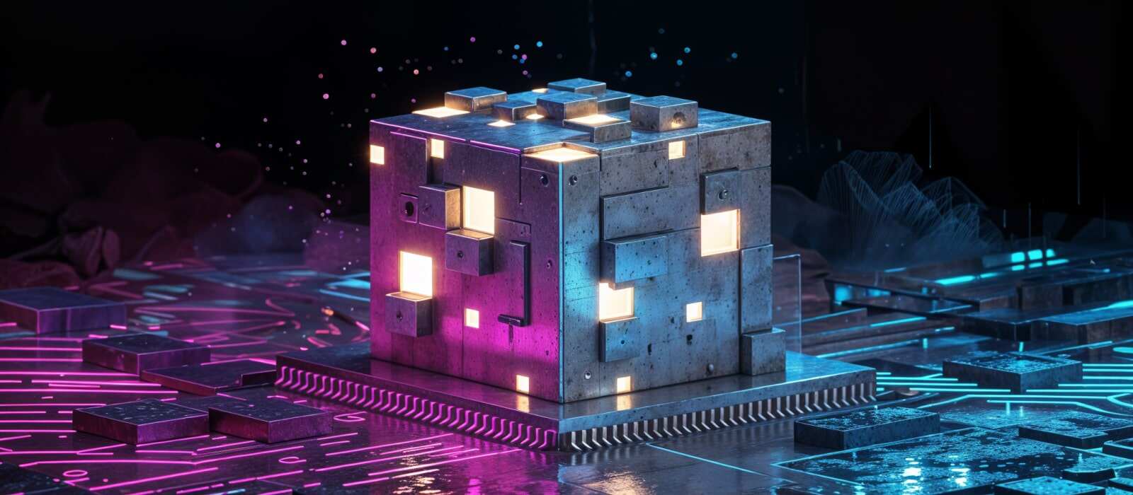 A close-up of a computer chip featuring a miniature building on top, representing the fusion of technology and architecture.