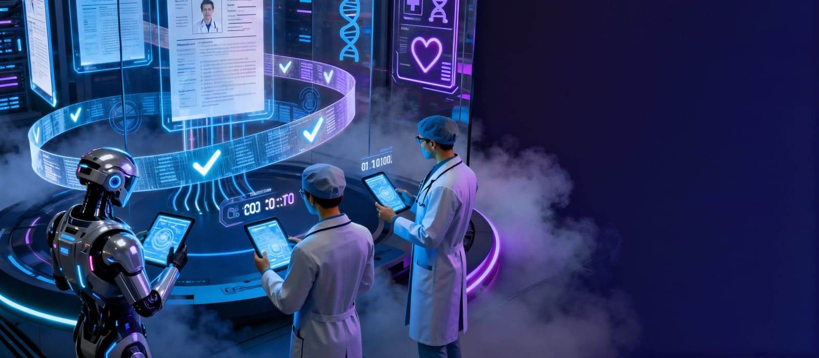 A group of people in lab coats attentively examines a computer screen together in a laboratory setting.