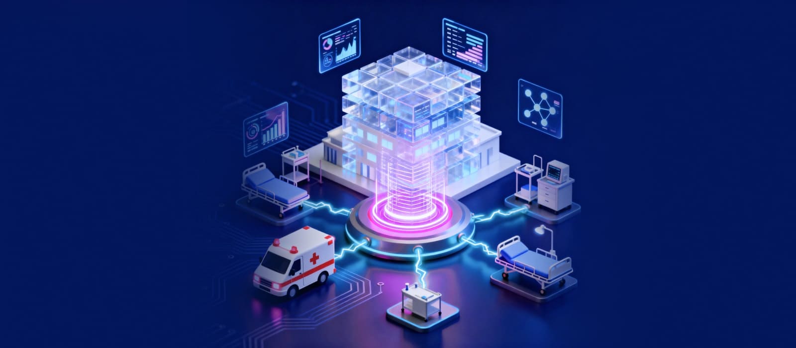 A futuristic healthcare setting showcasing advanced technology and innovation in patient care and medical practices.
