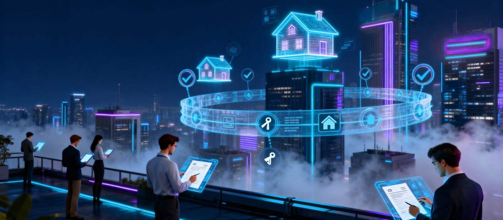 A futuristic concept image illustrating interconnected smart devices representing the future of the Internet of Things.