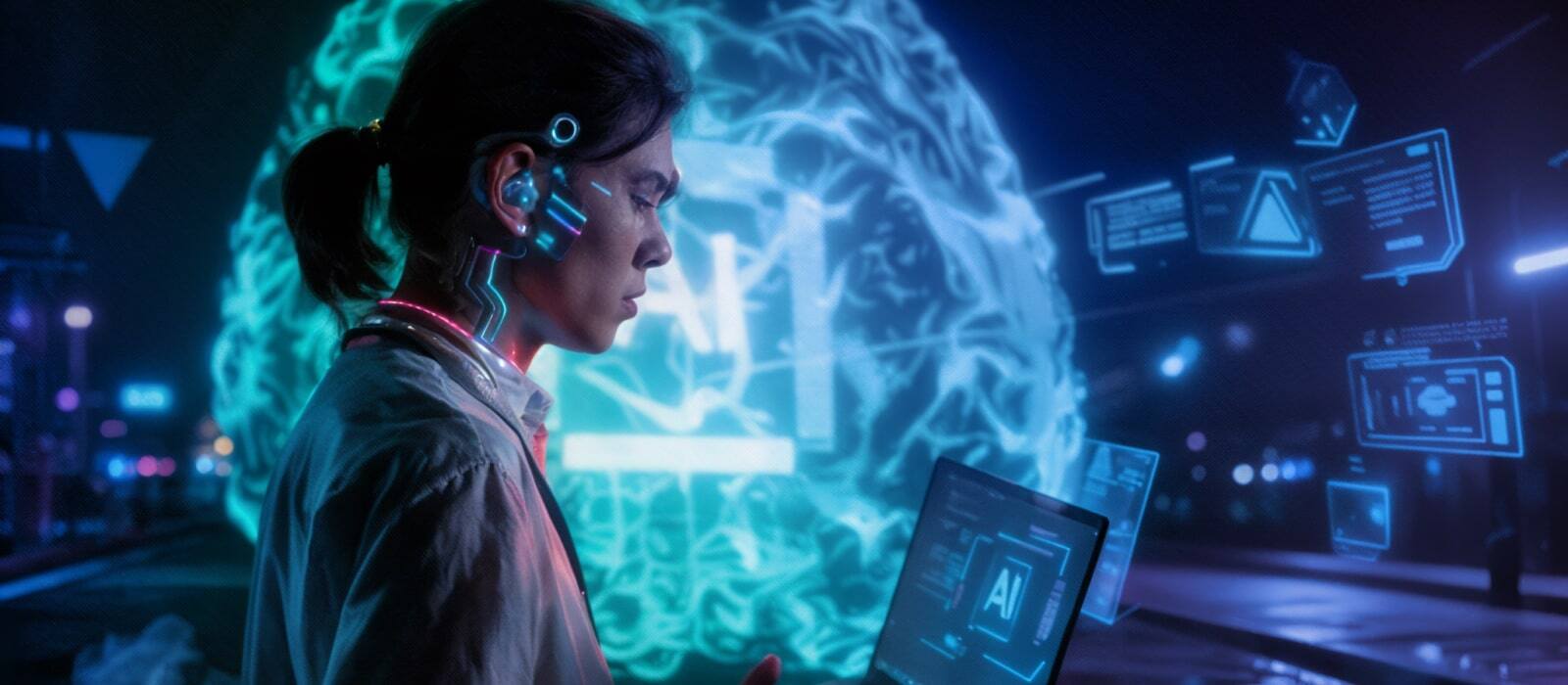 A woman engaged with a laptop that shows a brain image, indicating a study or research activity.
