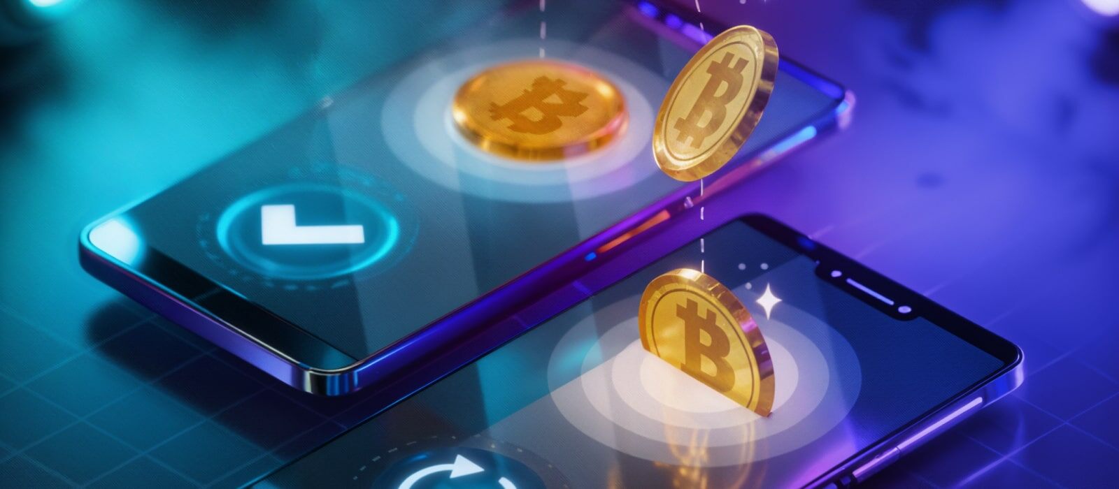 Futuristic representation of bitcoin and blockchain technology, showcasing digital currency and decentralized networks.