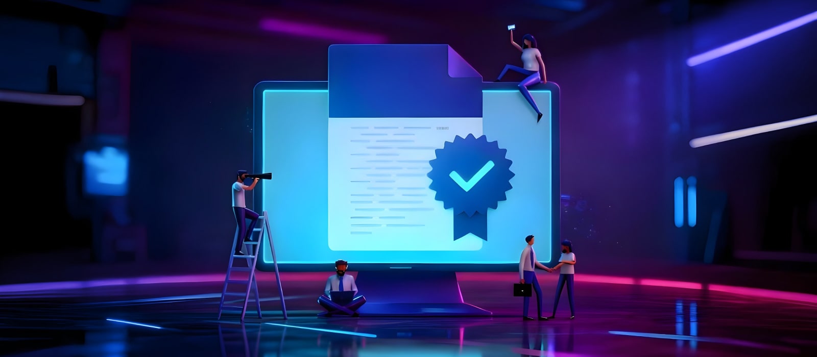 Several individuals stand around a computer screen showing a check mark, symbolizing approval or task completion.