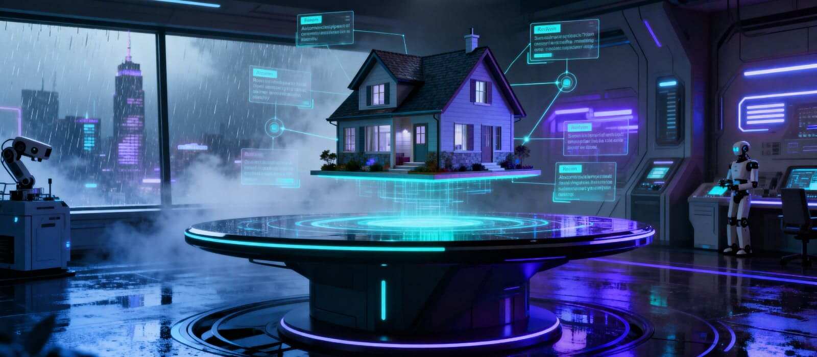 A futuristic house floats in the air, showcasing sleek design and advanced technology against a clear blue sky.