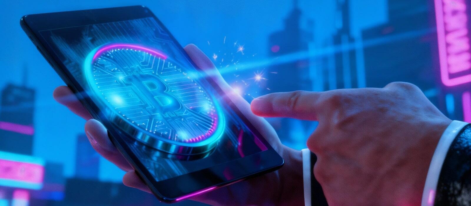 Visual depiction of advanced bitcoin and blockchain technology, highlighting their potential impact on future transactions.