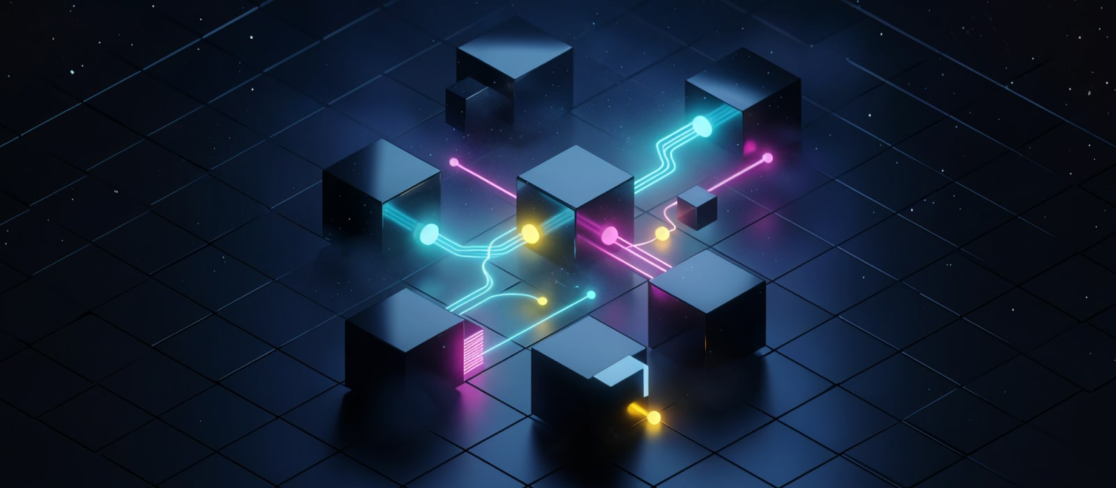 Bright neon backdrop with geometric cubes and illuminated lights, presenting a striking and colorful design.