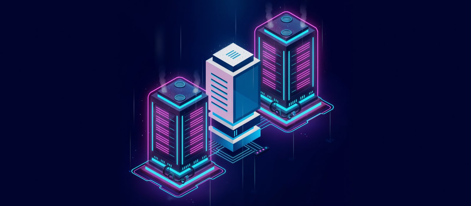 3D rendering of a futuristic city illuminated by vibrant neon lights against a dark sky.