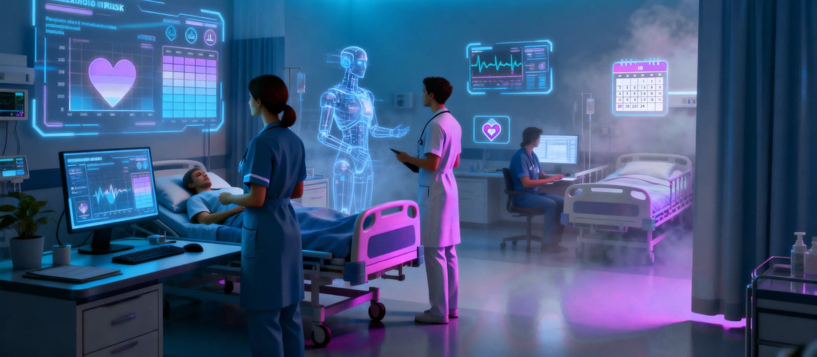 Inside a hospital room, a nurse stands beside a robot, both ready to assist with patient care and medical tasks.
