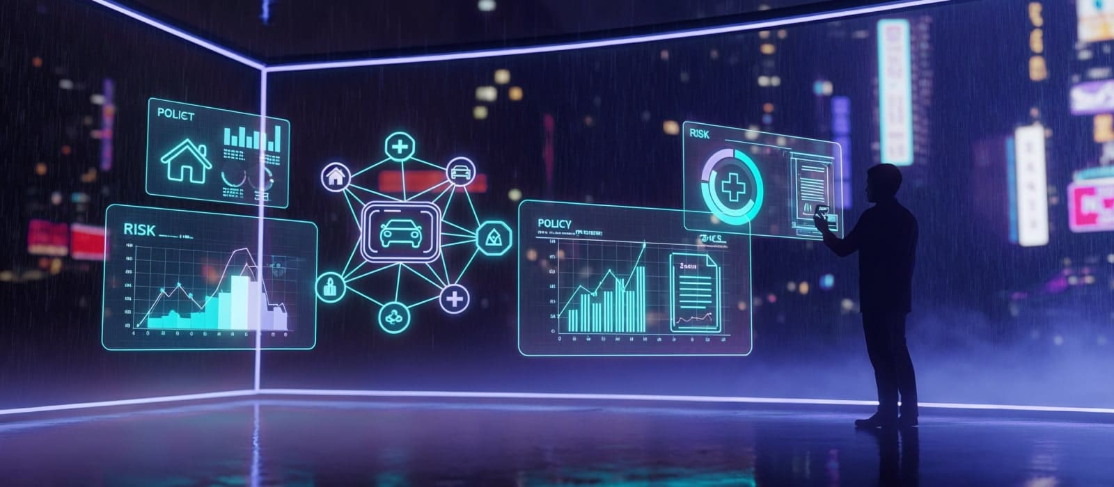 A man in front of a high-tech display featuring various digital icons, representing a futuristic technological environment.