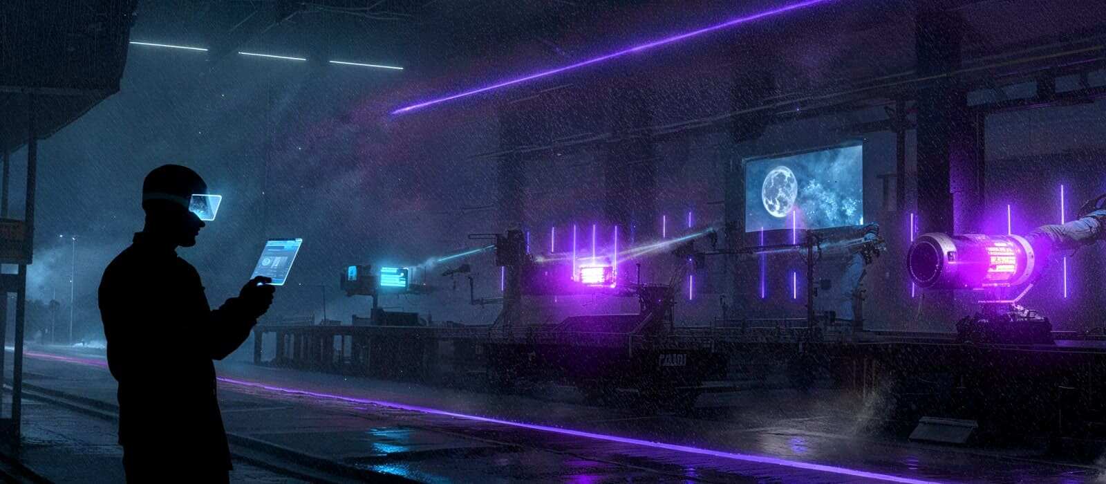A man stands in a dimly lit room illuminated by purple lights, creating a moody and atmospheric setting.