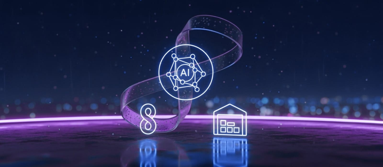 A purple neon sign featuring a house icon alongside a coin symbol, glowing brightly against a dark background.