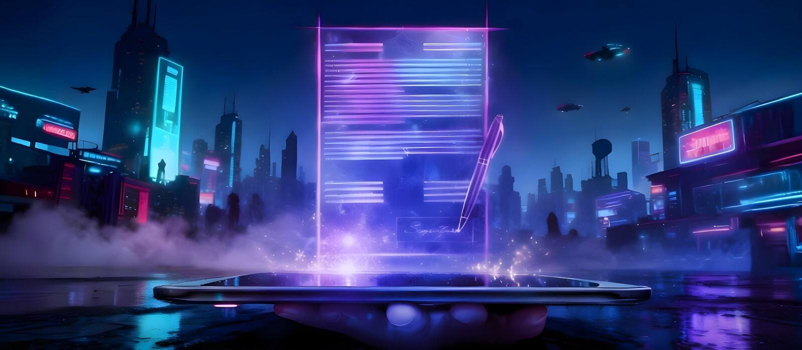 A neon-lit futuristic city with towering buildings, showcasing a smartphone in the foreground against the glowing backdrop.