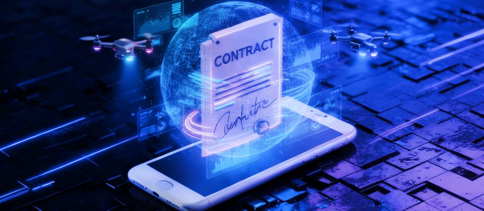 A futuristic digital interface showcasing advanced contract management tools and analytics for streamlined business processes