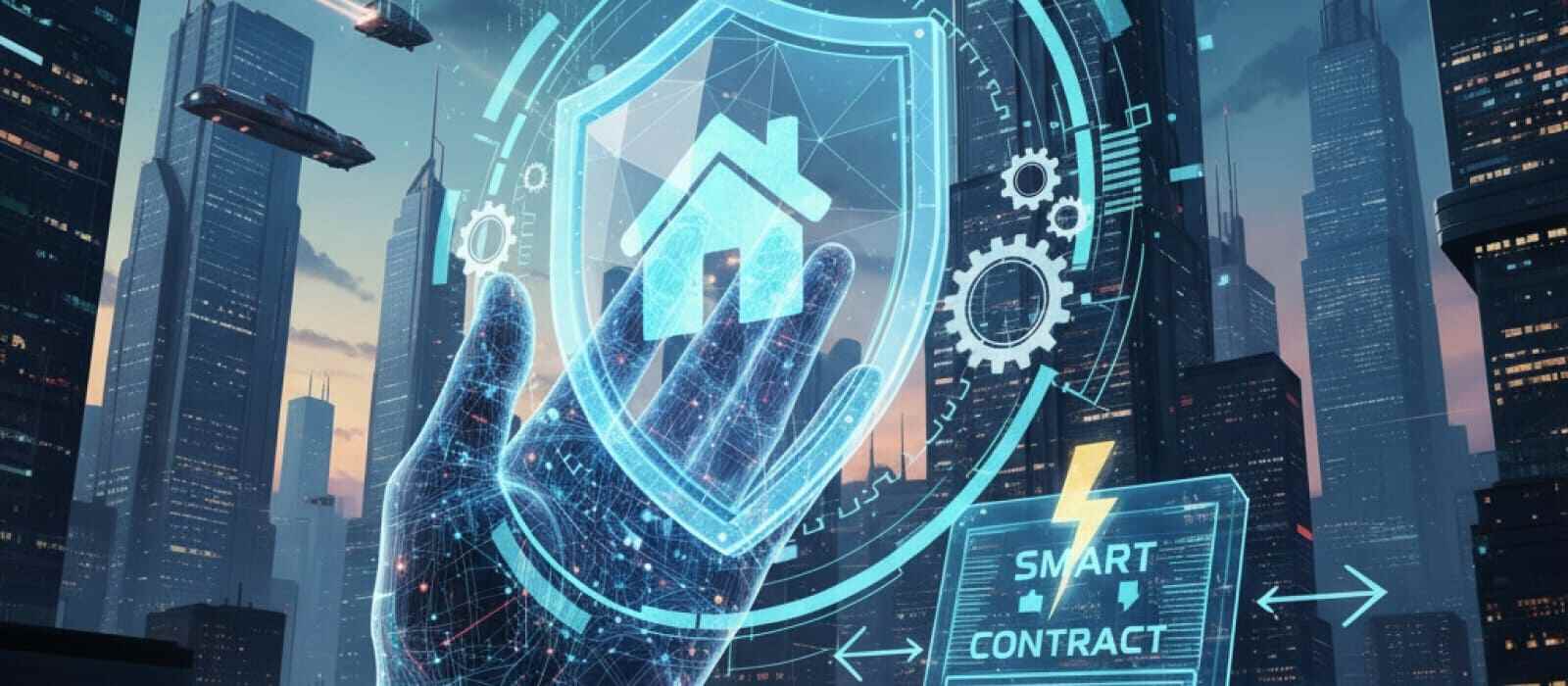 A futuristic digital interface showcasing smart contracts and blockchain technology in a modern setting.