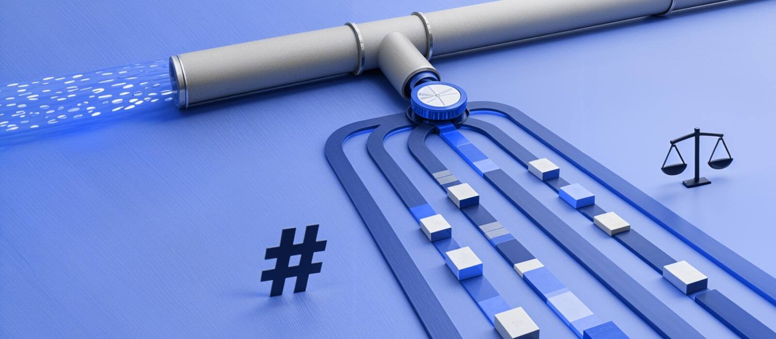 A blue pipe against a blue background, featuring a blue arrow pointing to the right.