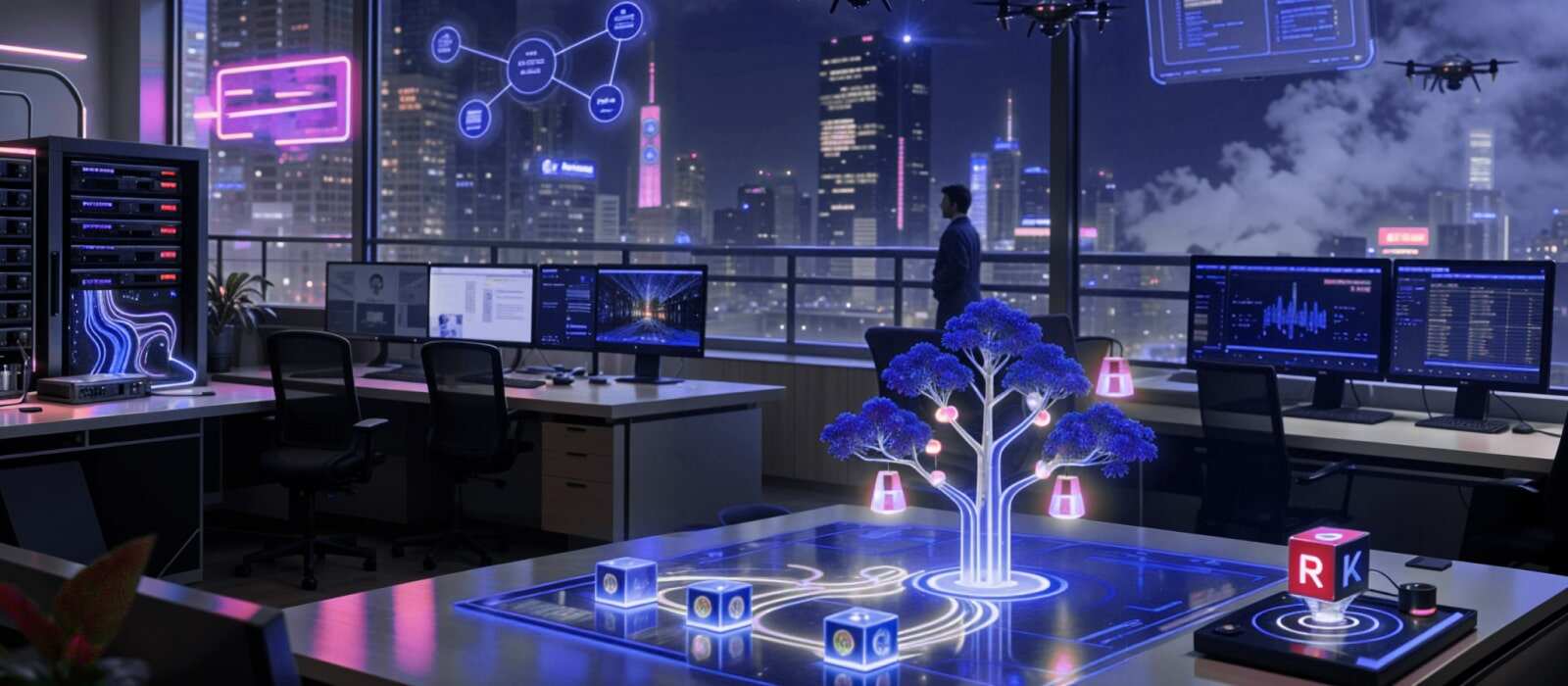 A modern office featuring sleek computers and a large indoor tree, blending technology with nature.