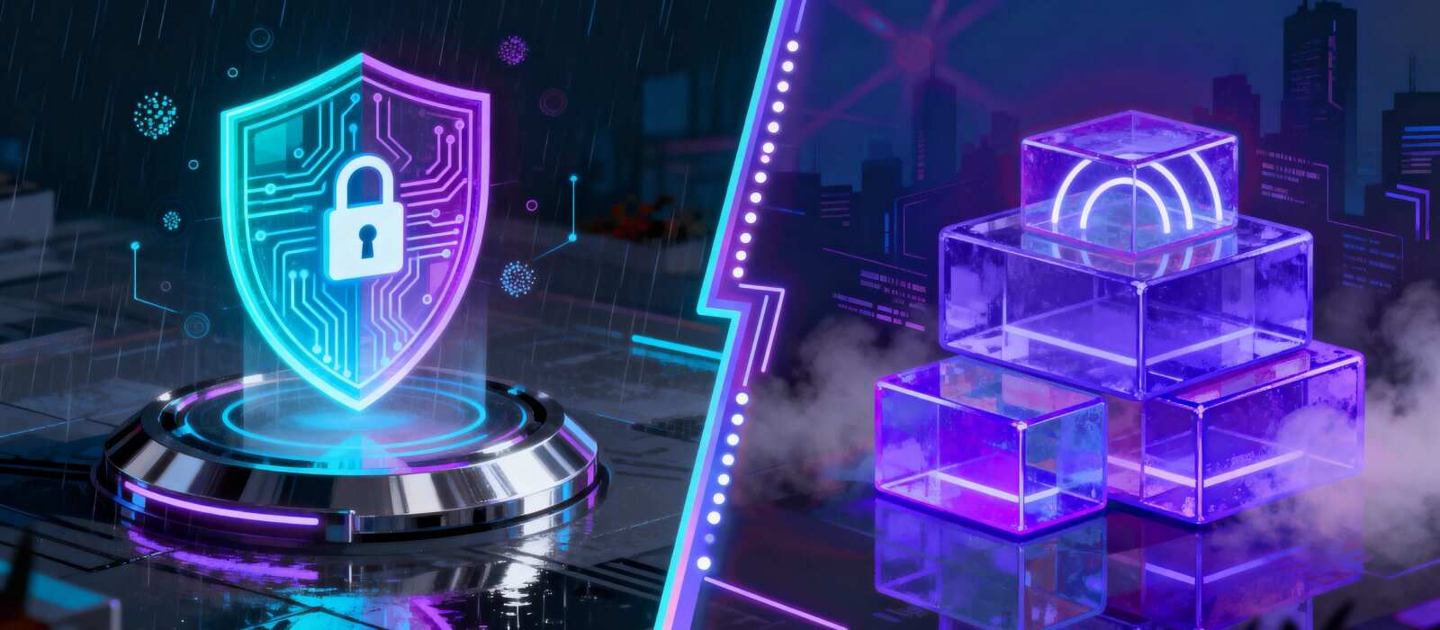 Two visuals featuring a purple shield alongside a computer, representing cybersecurity and digital protection.