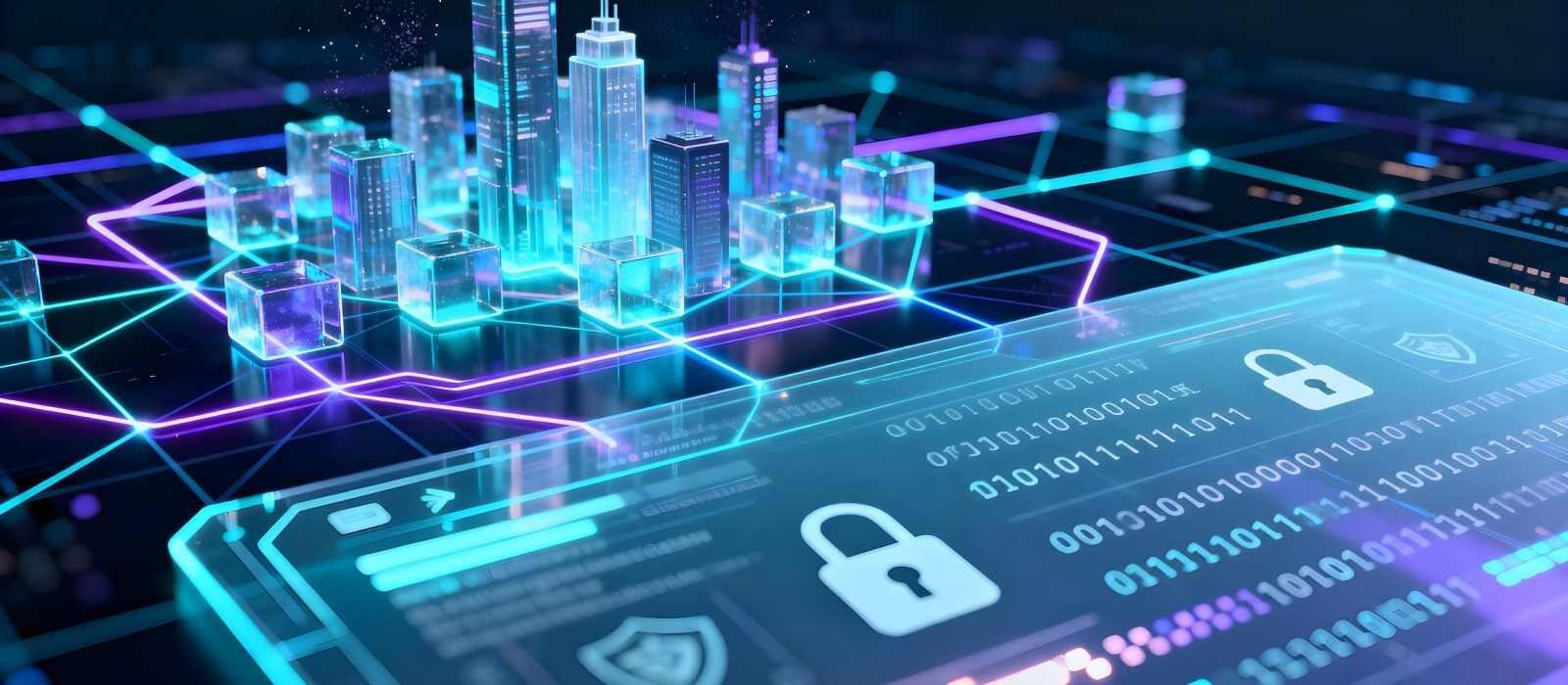 Digital city skyline with cyber security elements, illustrating the intersection of technology and urban safety.
