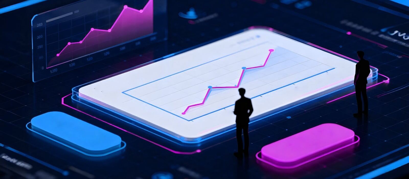 A group of business people reviewing a graph on a tablet, engaged in discussion.