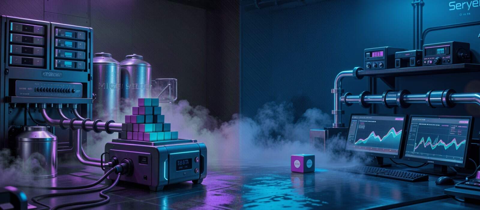 A smoke-filled computer room, suggesting an emergency situation or equipment failure.