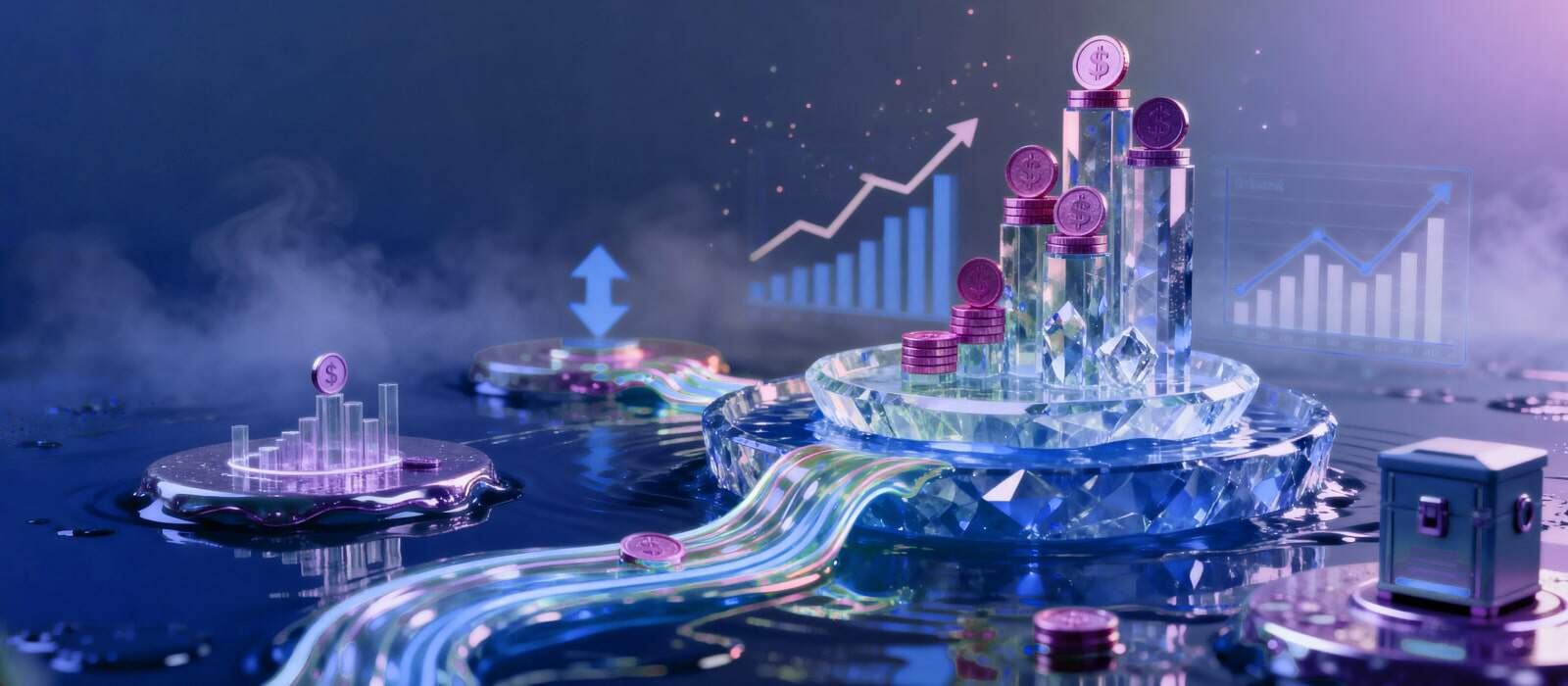 A computer screen displays a coin image alongside a rising graph, indicating financial trends or investments.