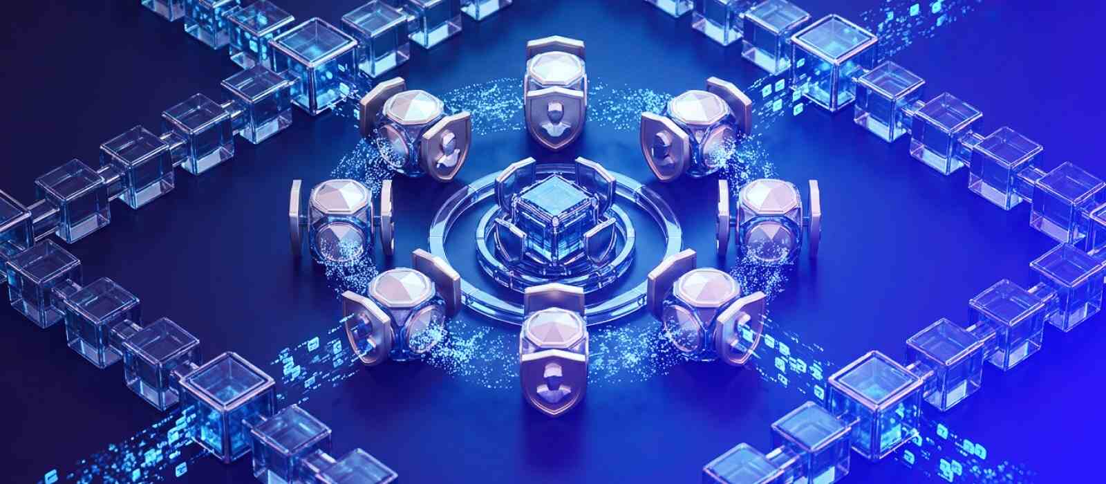 Several individuals gather in a bright area, encircled by numerous blue cubes of varying sizes.