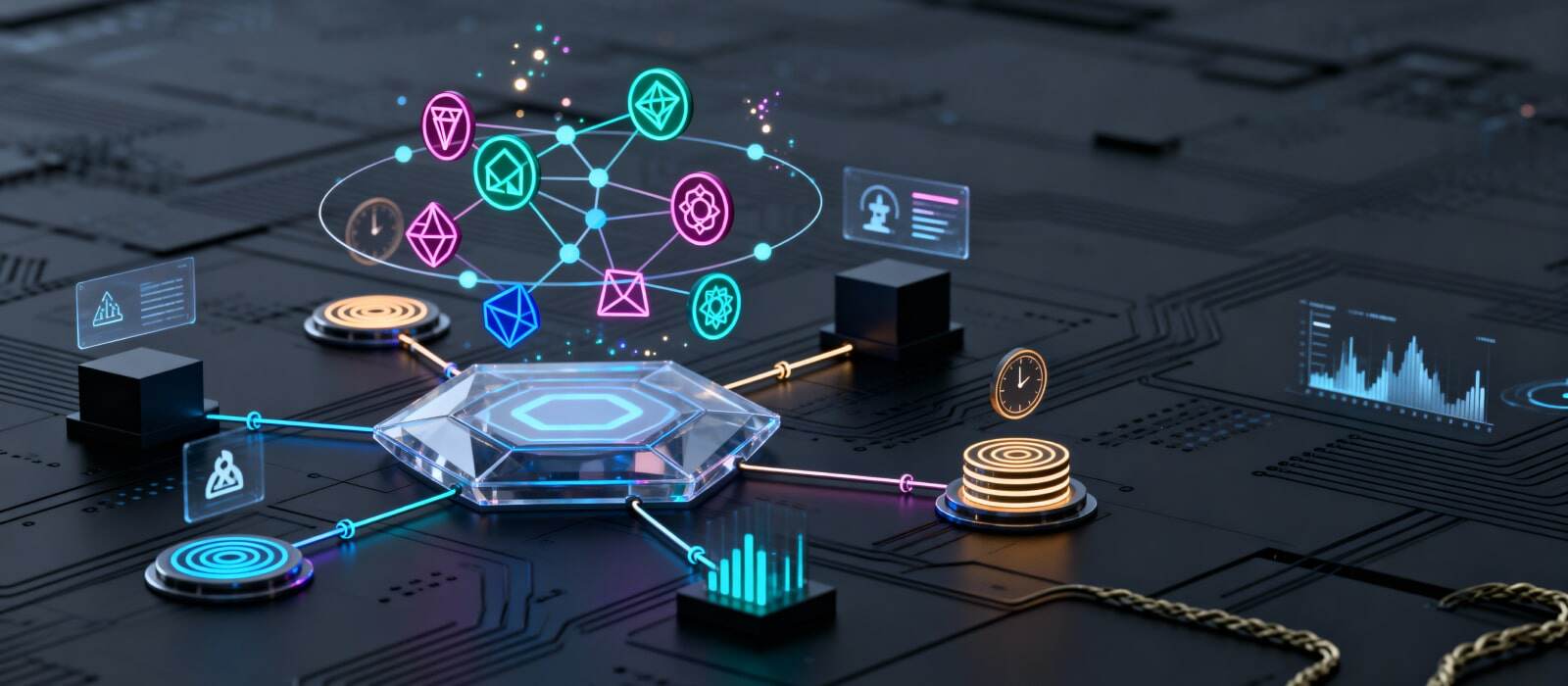A digital network illustration featuring interconnected icons representing various online services and applications.