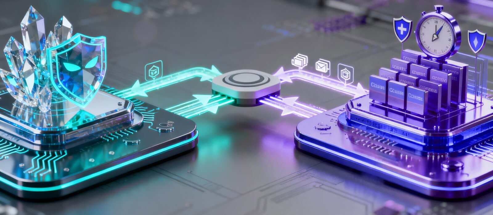 Two devices displaying a clock and a shield symbol, representing time management and security features.