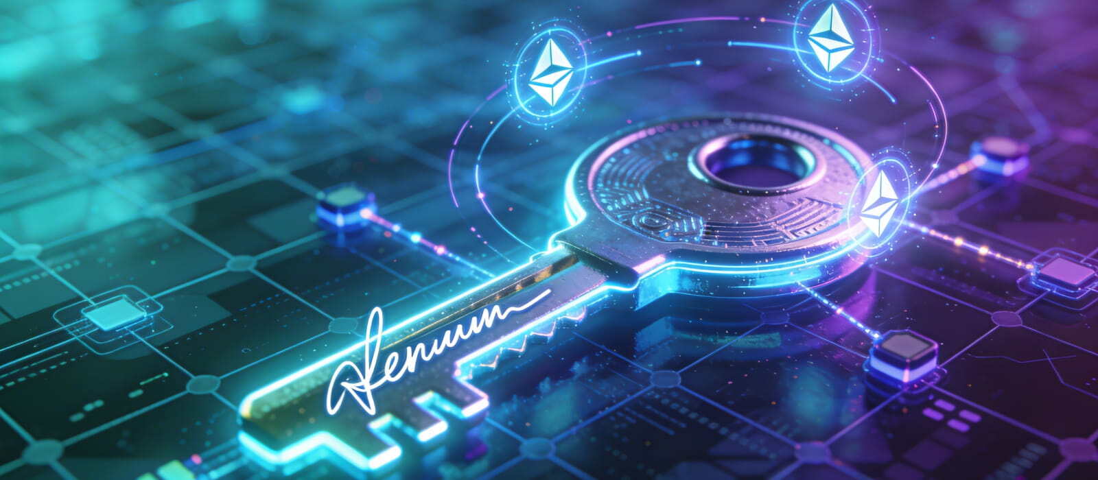 Ethereum key with a digital key icon set against a futuristic digital background.