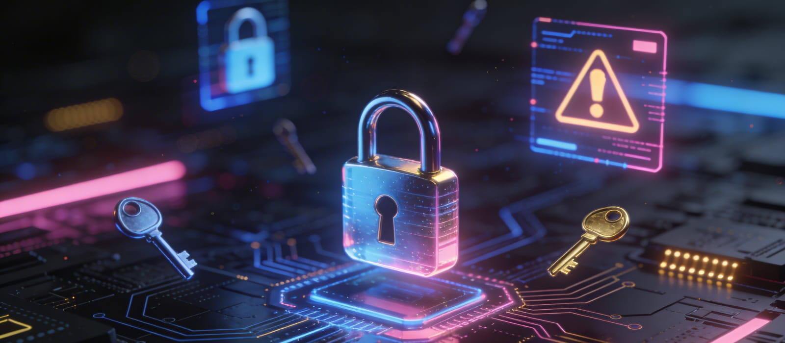 A padlock and keys resting on a circuit board, symbolizing security in technology.