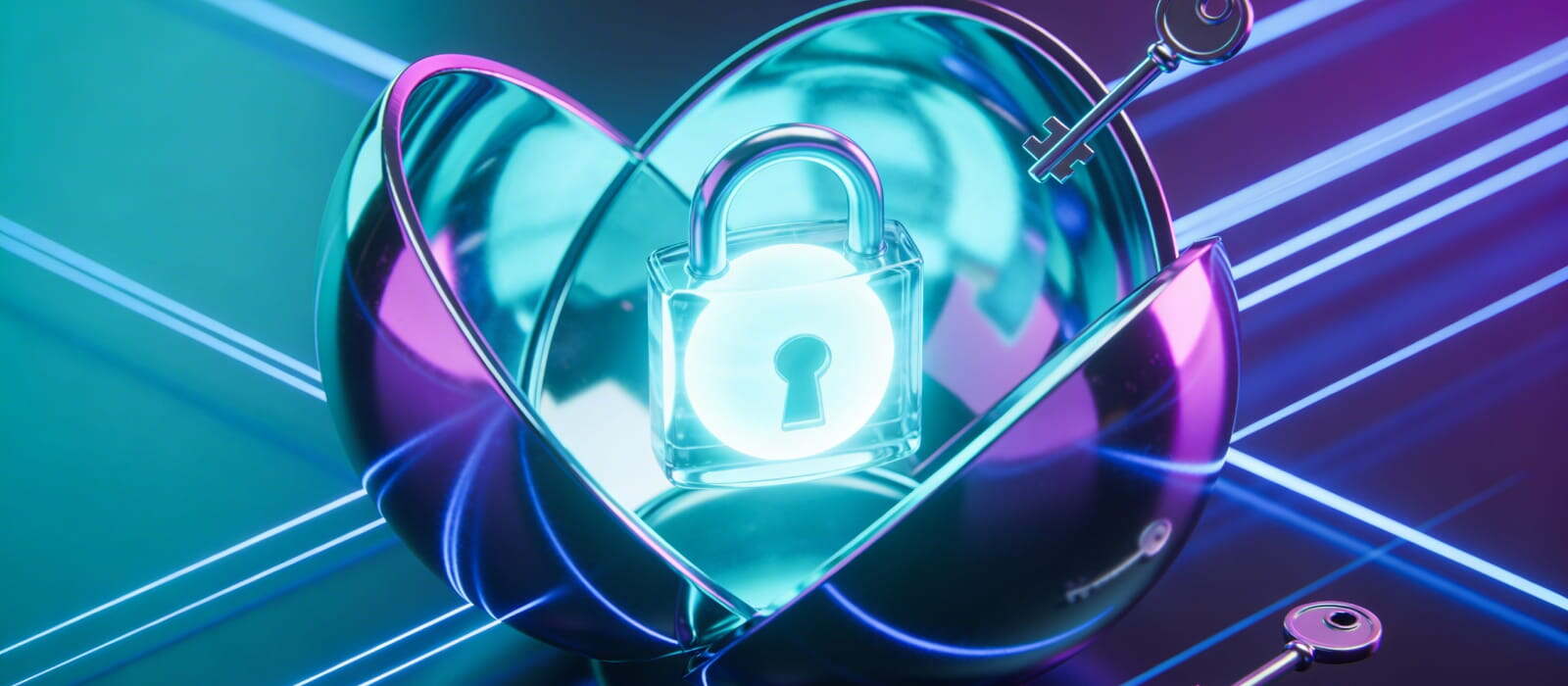 A lock and key bathed in purple and blue light, symbolizing security and mystery in a visually striking composition.