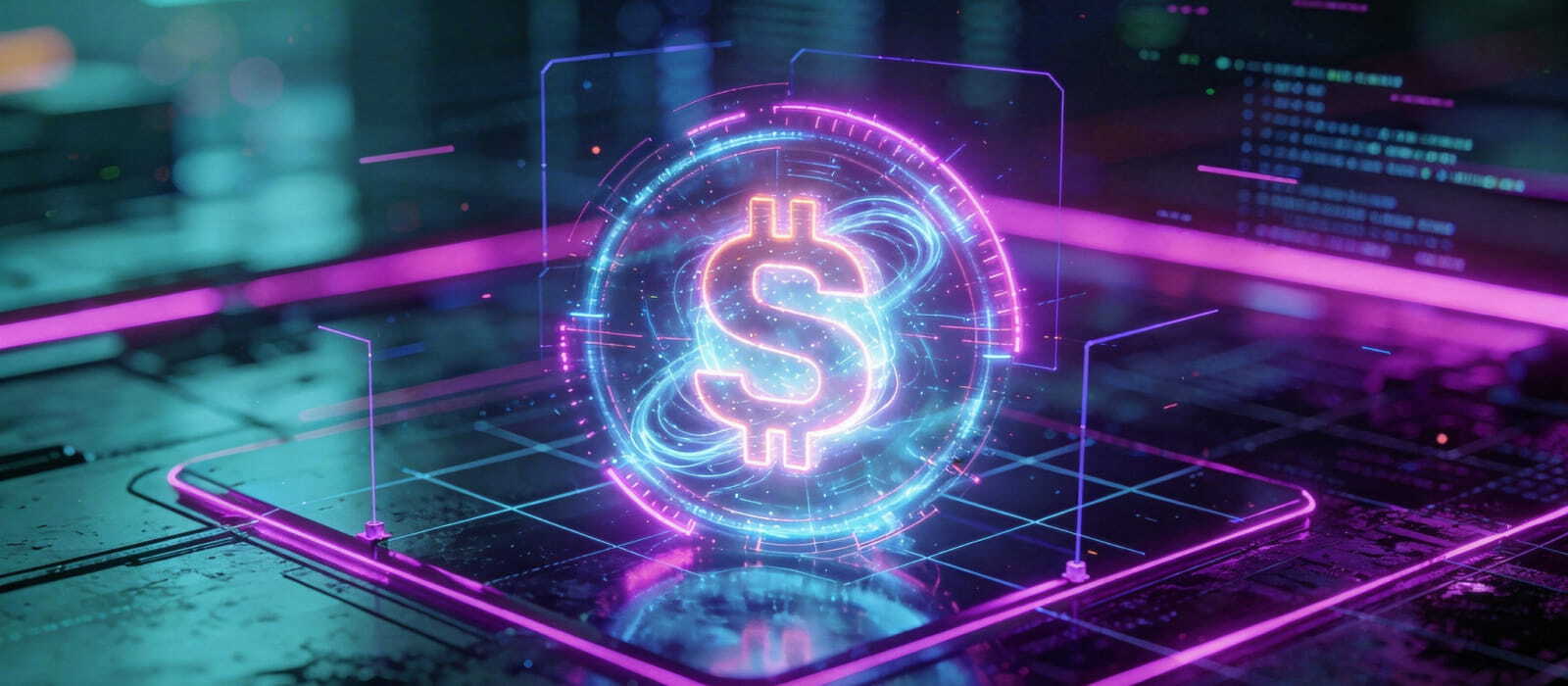 A vibrant neon dollar sign illuminated on a computer monitor.
