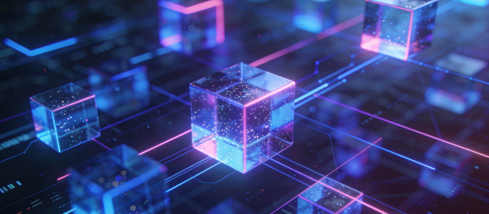 A 3D visualization of a network composed of cubes, illustrating connections and spatial relationships.