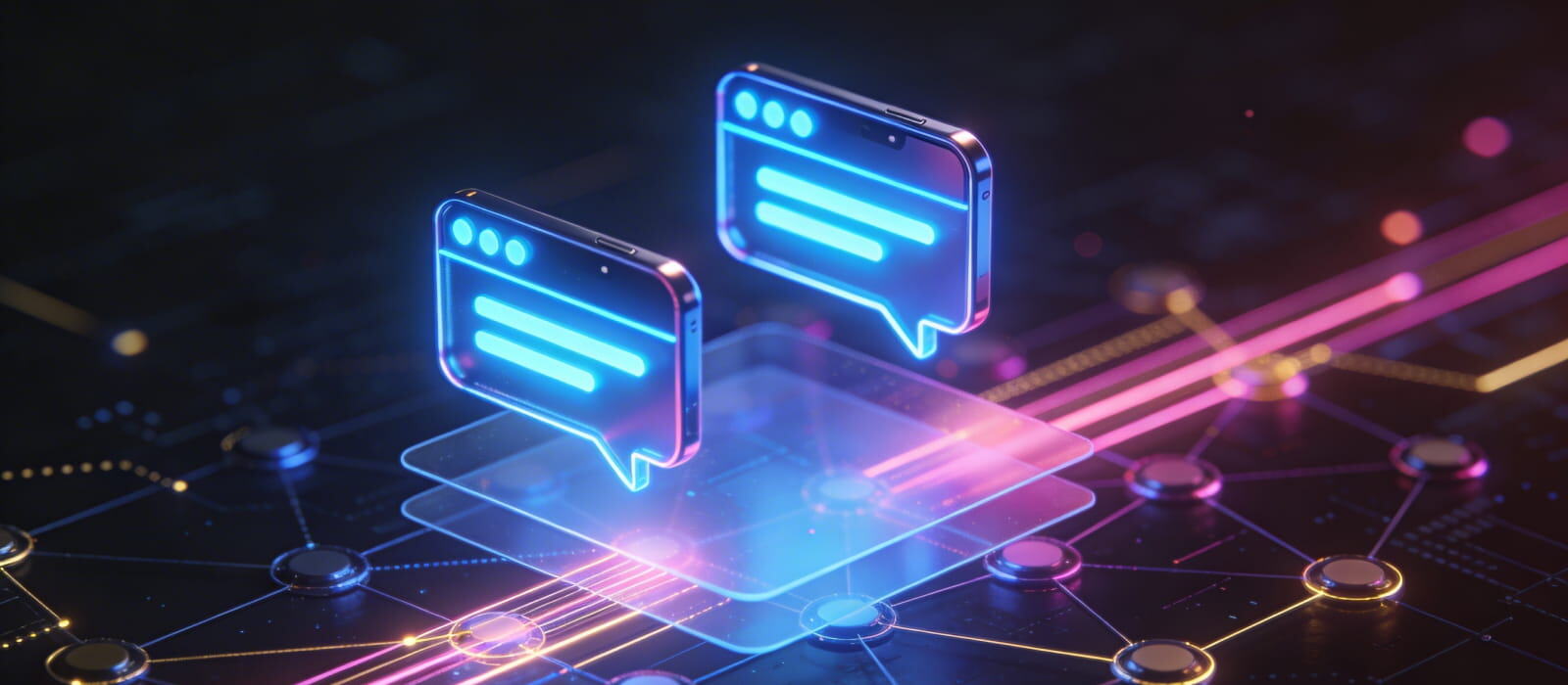 Two chat bubbles connected by lines, representing communication within a network.