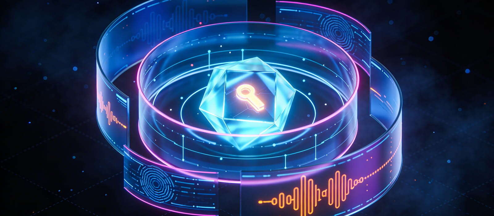 Futuristic digital design featuring a prominent key integrated into the abstract composition.