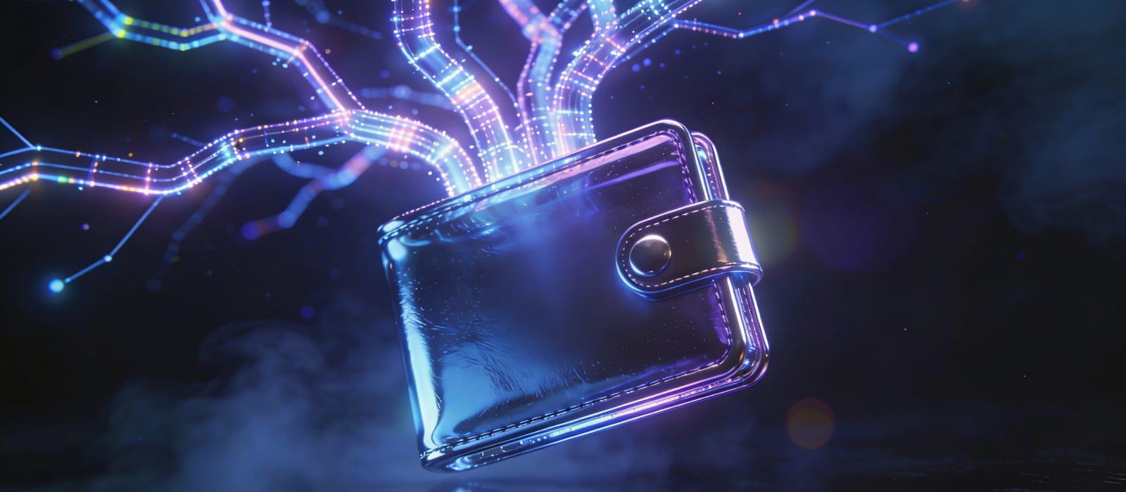 A wallet illuminated by glowing lights and wires, showcasing a modern and futuristic design.