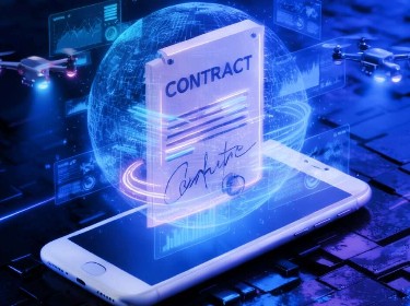 A futuristic digital interface showcasing advanced contract management tools and analytics for streamlined business processes