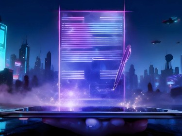 A neon-lit futuristic city with towering buildings, showcasing a smartphone in the foreground against the glowing backdrop.