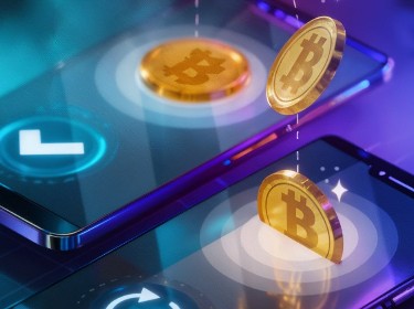 Futuristic representation of bitcoin and blockchain technology, showcasing digital currency and decentralized networks.