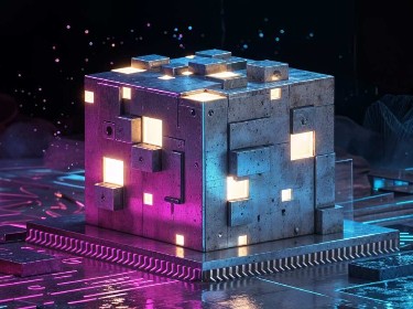 A close-up of a computer chip featuring a miniature building on top, representing the fusion of technology and architecture.