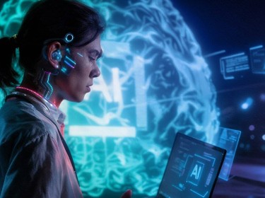 A woman engaged with a laptop that shows a brain image, indicating a study or research activity.