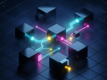 Bright neon backdrop with geometric cubes and illuminated lights, presenting a striking and colorful design.