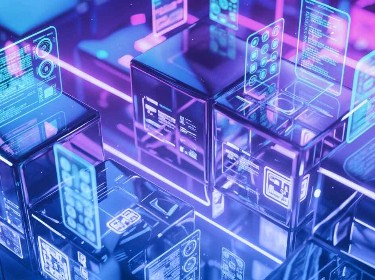 3D rendering of a futuristic city illuminated by vibrant neon lights against a dark sky.