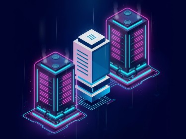 3D rendering of a futuristic city illuminated by vibrant neon lights against a dark sky.