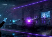 A man stands in a dimly lit room illuminated by purple lights, creating a moody and atmospheric setting.