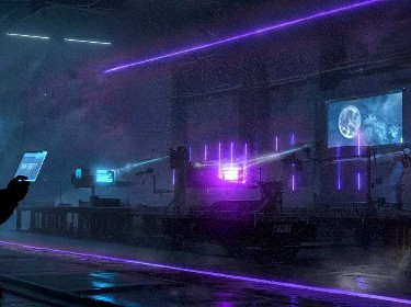 A man stands in a dimly lit room illuminated by purple lights, creating a moody and atmospheric setting.